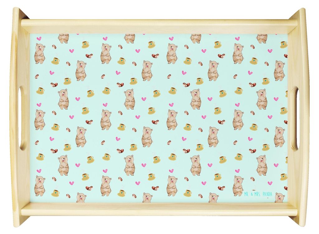 Mr. & Mrs. Panda Tablett Bär Kaffee - Türkis - Geschenk, Servierplatte Holz, Sofa, Serviertablett, Herz Muster, Kaffeebohne, Holztablett