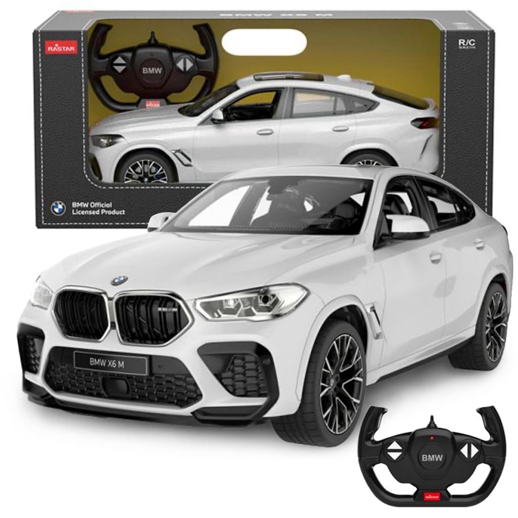 A white Rastar BMW X6 M RC car is displayed in its packaging, with a separate remote control in the foreground.