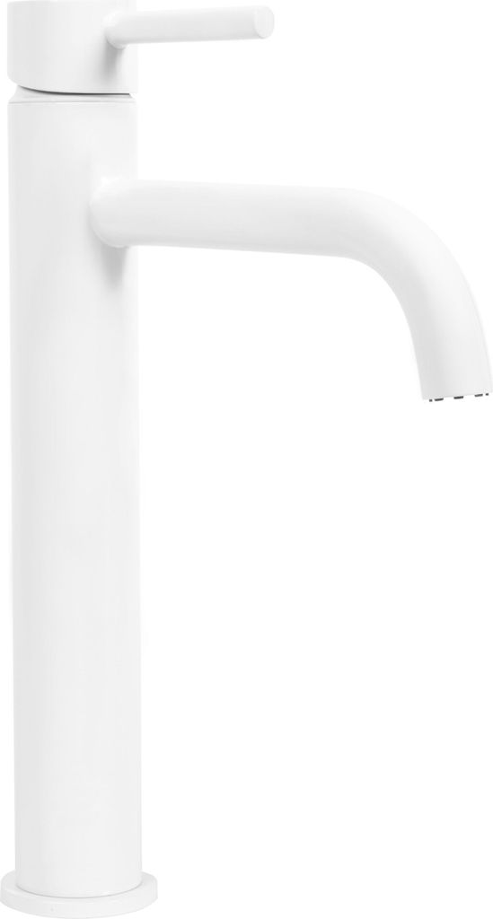 A white bathroom sink faucet.