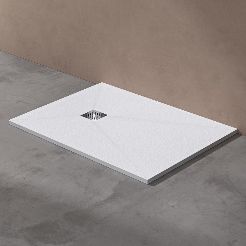 doporro Duschwanne Duschtasse 90x120x3cm aus Mineralguss in Weiß Rechteckig DIN-Anschlüsse für bodenebene Montage geeignet geoma09