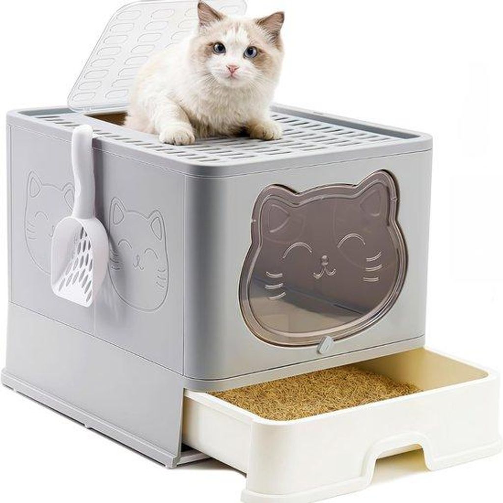 Famanu Katzenklo geruchsfrei mit Schaufel und Katzenmatte - XL Format - geeignet für Katzen bis 8 kg - nachhaltig und hygienisch