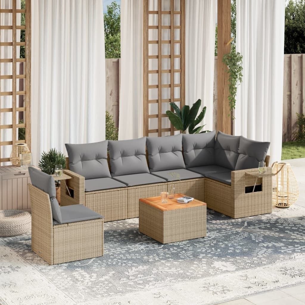 Ankonbej 7-tlg. Garten-Sofagarnitur mit Kissen Beige Poly Rattan