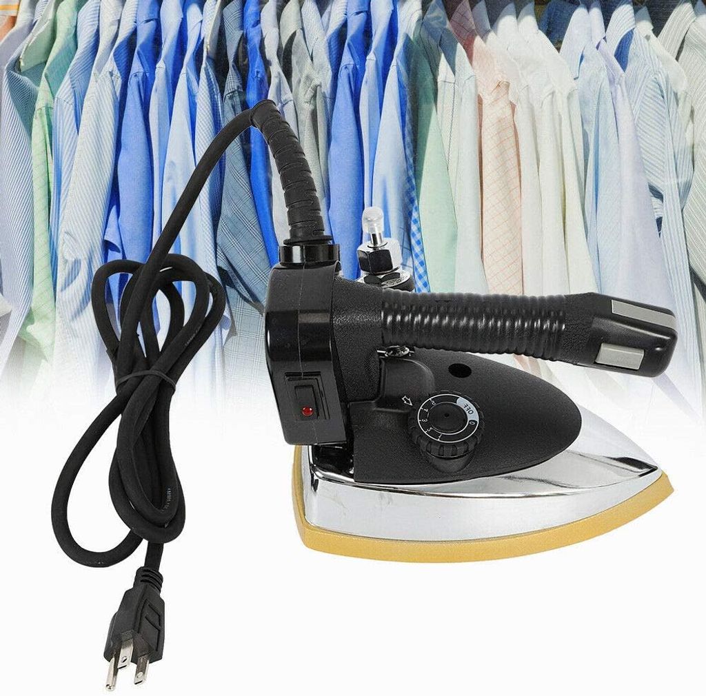 A black and silver electric steam iron with a yellow soleplate is shown in the foreground, with a blurred background of many hanging shirts in various shades of blue and white.