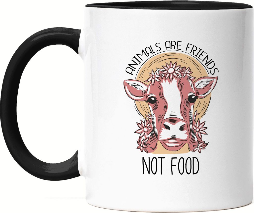 Animals Are Friends Not Food Tasse Schwarz Vegan Vegetarier Motiv Süße Kuh Geschenkidee Tierwohl Tierleid