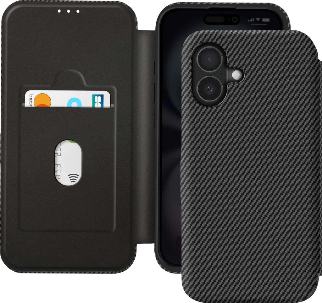 Avizar, Custodia per iPhone 16 Carbon Design, supporto video e blocco RFID, nero