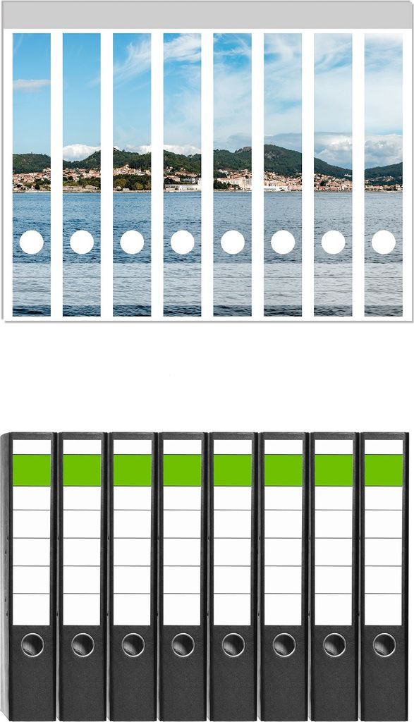 Wallario 8 Stück schmale Ordner inkl. Klebeetiketten mit Motive Stadt zwischen Bergen und Meer - Set mit Rückenschildern / Ordnerrücken Stickern