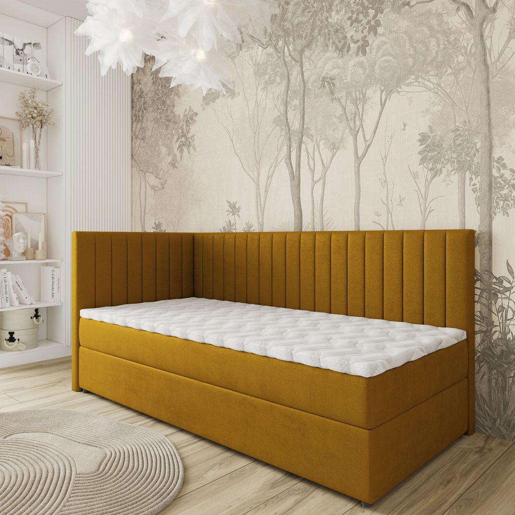Masseno Boxspringbett ARIS 100x200 cm Komplett-Set mit Bonell Matratze und Topper, Polsterbett mit Bettkästen -Gelb, KRONOS 01