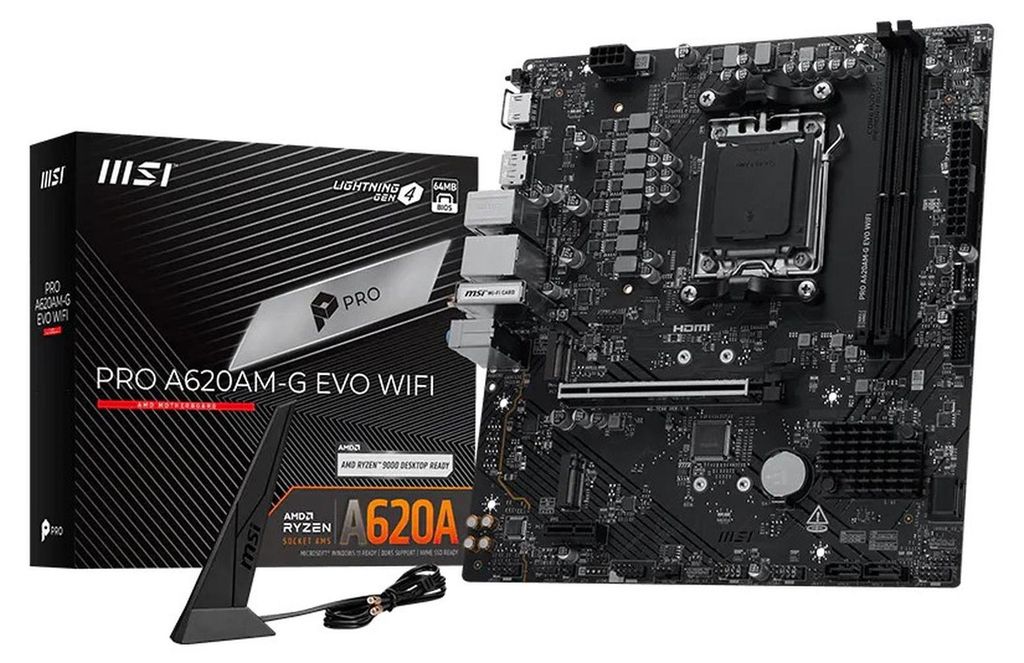 MSI Pro A620AM-G EVO WIFI, AMD, Sockel AM5, AMD Ryzen 7000 Series, AMD Ryzen 8000 Series, AMD Ryzen 9000 Series, Sockel AM5, DDR5-SDRAM, 128 GB