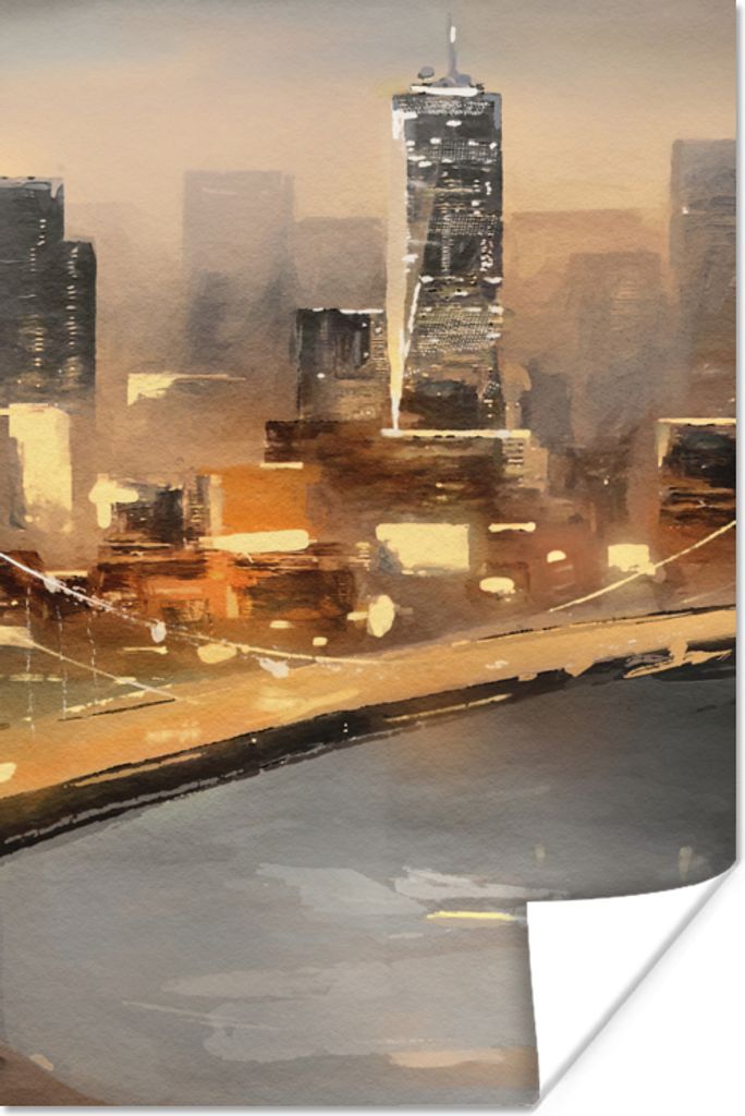 MuchoWow Poster Gemälde - Öl - Skyline - Stadt - Wasser 20x30 cm - Papierdruck