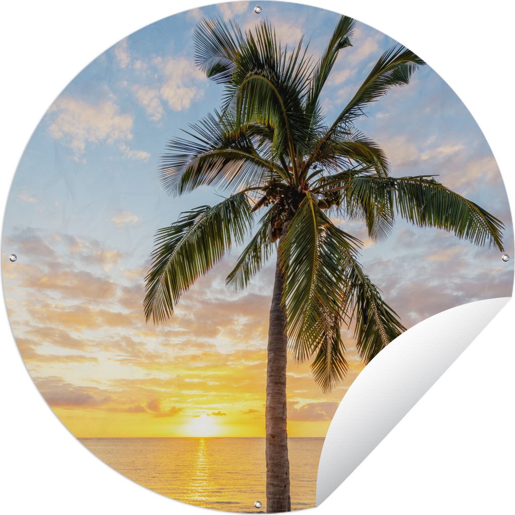 MuchoWow Gartenposter Outdoor-Poster Rund Strand - Palme - Sonnenuntergang Ø 150 cm Gartendeko Rundes Poster draußen