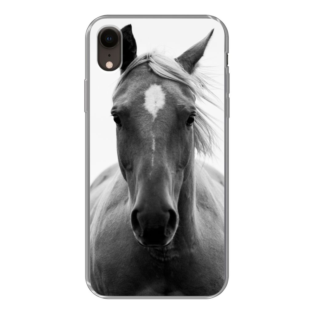 MuchoWow Handyhülle Schutzhülle Hülle für iPhone XR Pferd - Tier - Schwarz - Weiß Silikon Softcase Handy Hülle - Schutzdeckel