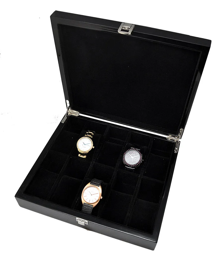 Boîte de rangement pour 10 montres laquée noire avec 8 compartiments