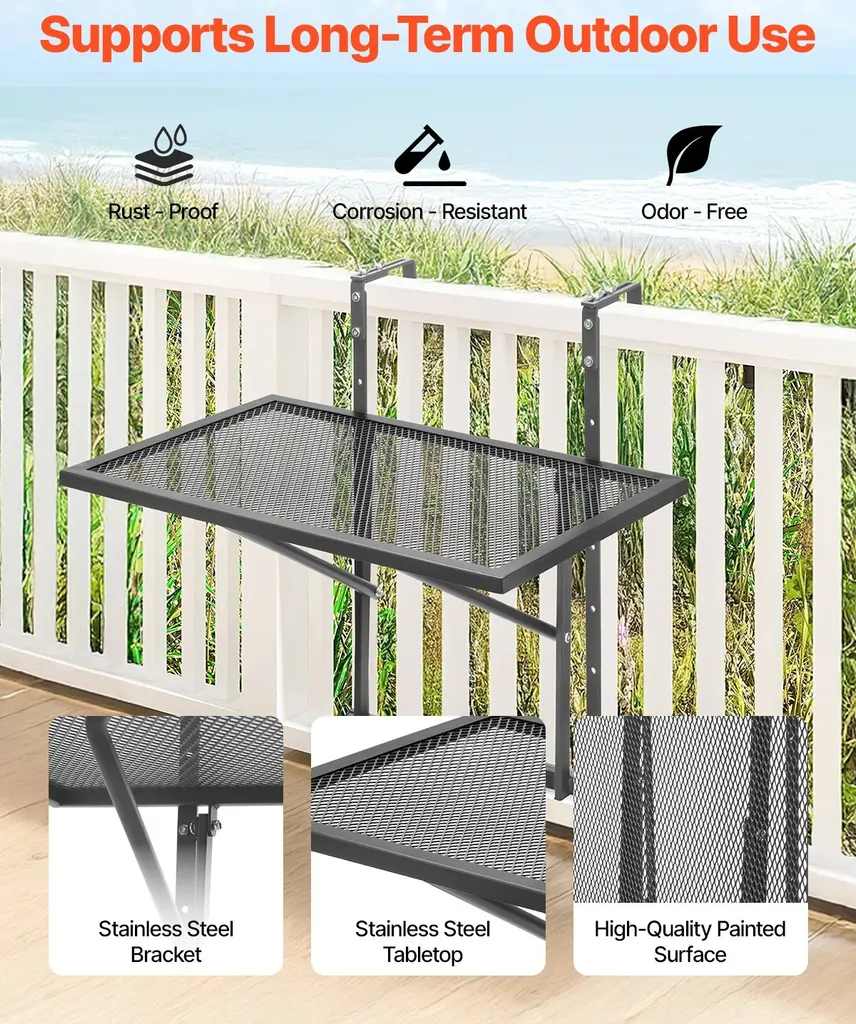 Table de balcon réglable en hauteur et pliable - Format compact 61cm - 2