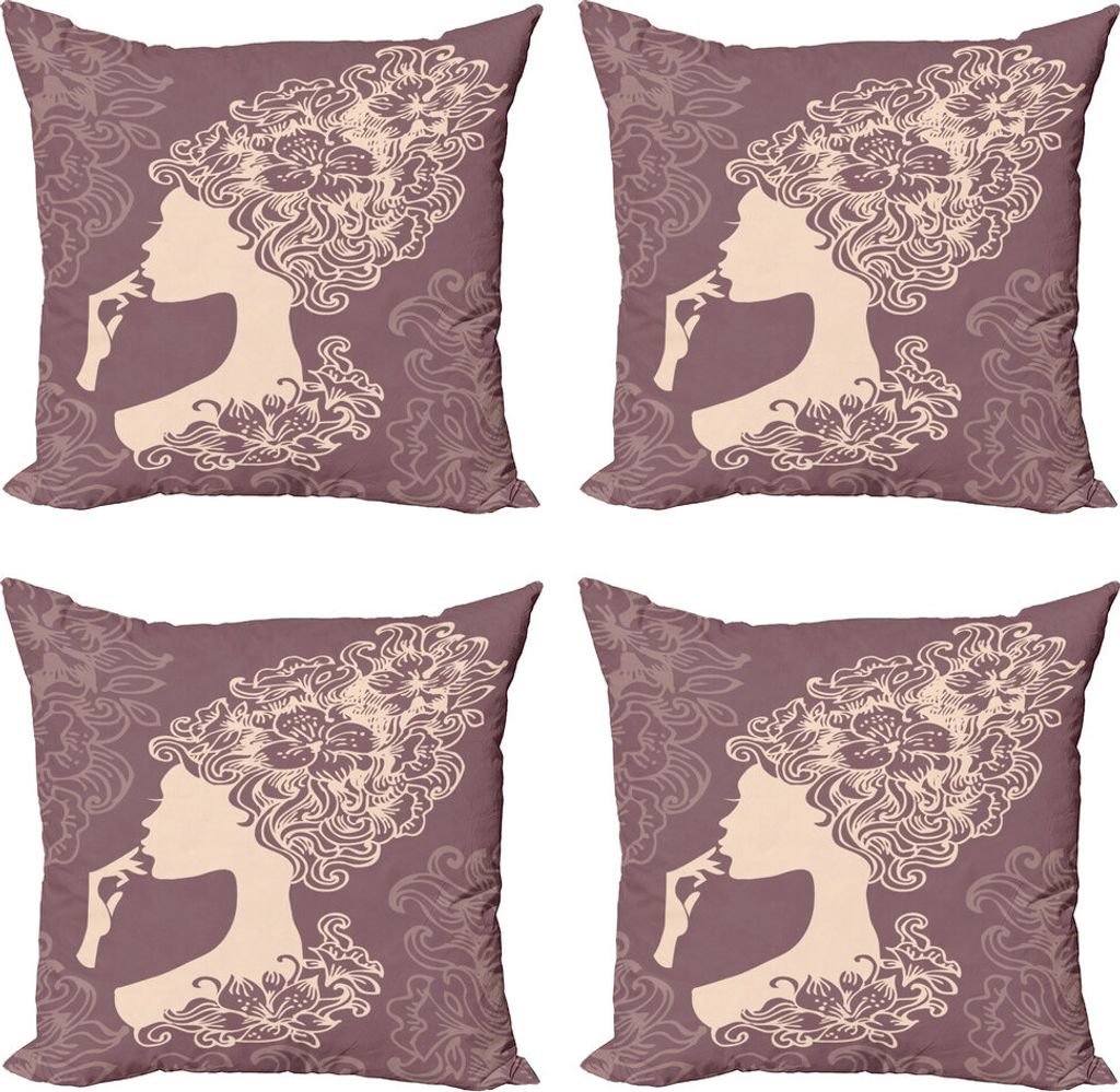 ABAKUHAUS Weinlese-Frau Kissenbezug Set (4 Stück), Blume Frisur, Moderner Doppelseitiger Digitaldruck, 40 cm x 40 cm, Mauve Taupe und Beige