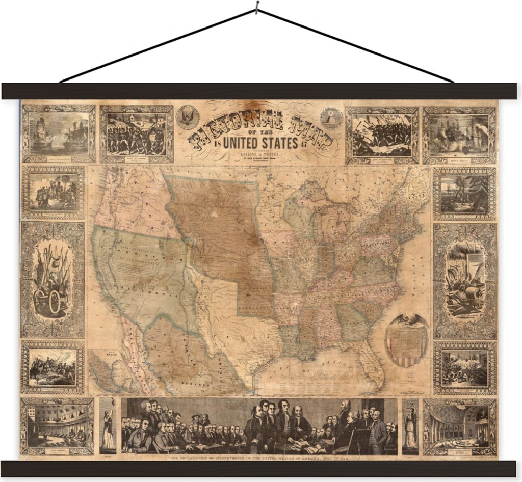 MuchoWow Textilposter Karte - Vintage - Amerika 40x30 cm mit schwarzem Rahmen - Dekorationen
