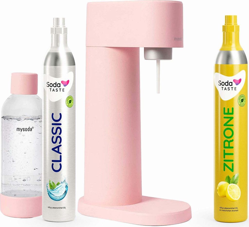 A pink soda maker with two CO2 cylinders and a water bottle.