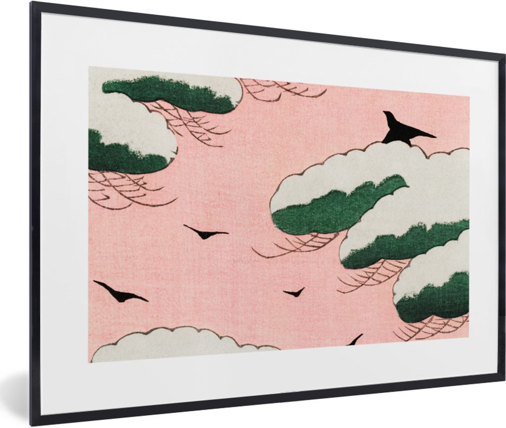MuchoWow Gerahmtes Poster Wolken - Vogel - Retro - Japanisch - Skandinavisch 60x40 cm - Poster mit Schwarzem Bilderrahmen Wandposter Rahmen Foto ...