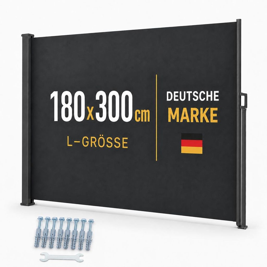 ONBEST Seitenmarkise | 180 x 300 cm | Ausziehbar | mit Schrauben und Dübel | Wasserabweisend | UV-Beständig