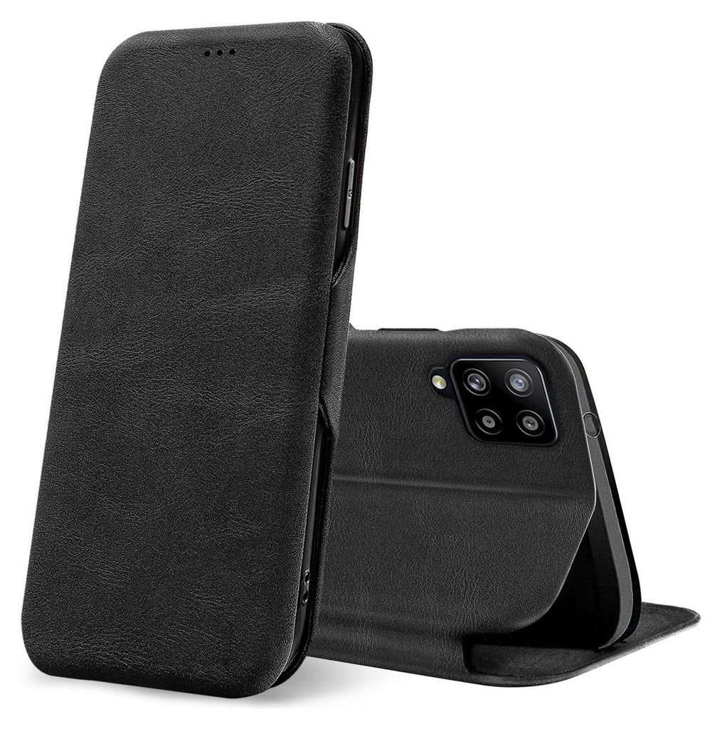 A black flip case for a smartphone is shown from two angles against a white background.
