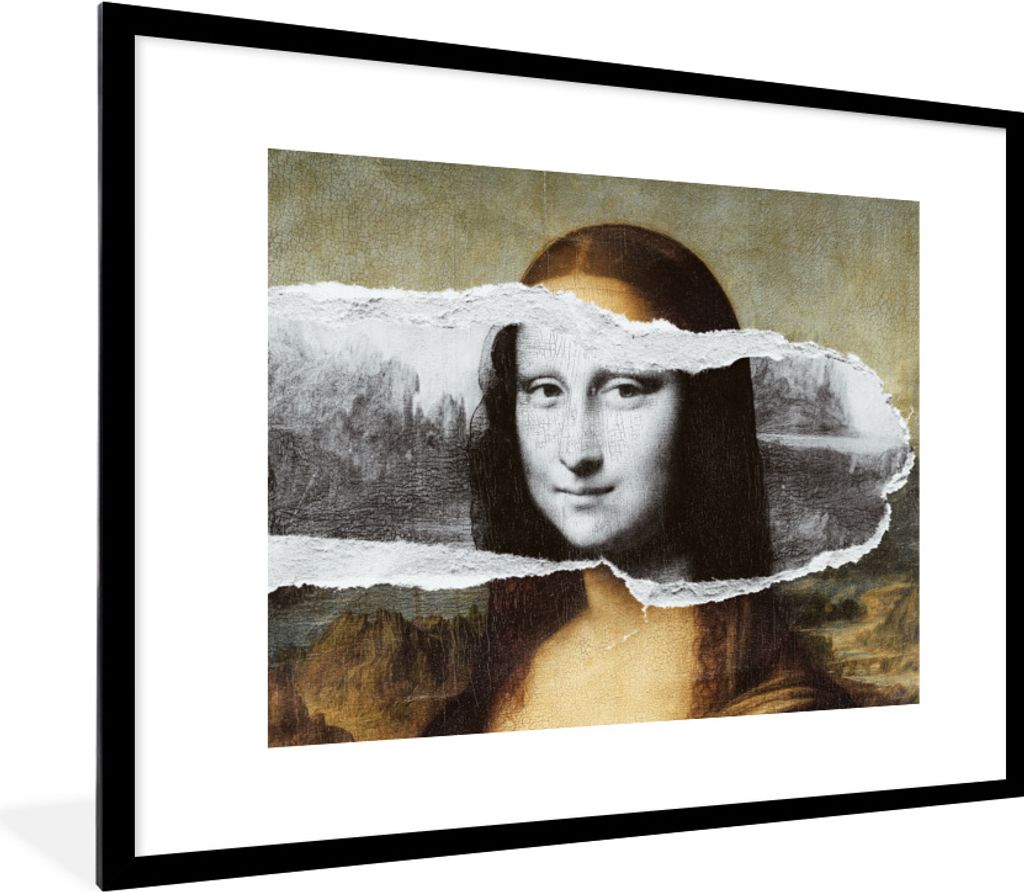 MuchoWow Gerahmtes Poster Mona Lisa - Da Vinci - Schwarz - Weiß 80x60 cm - Poster mit Schwarzem Bilderrahmen Wandposter Rahmen Foto Bilder - Sch...
