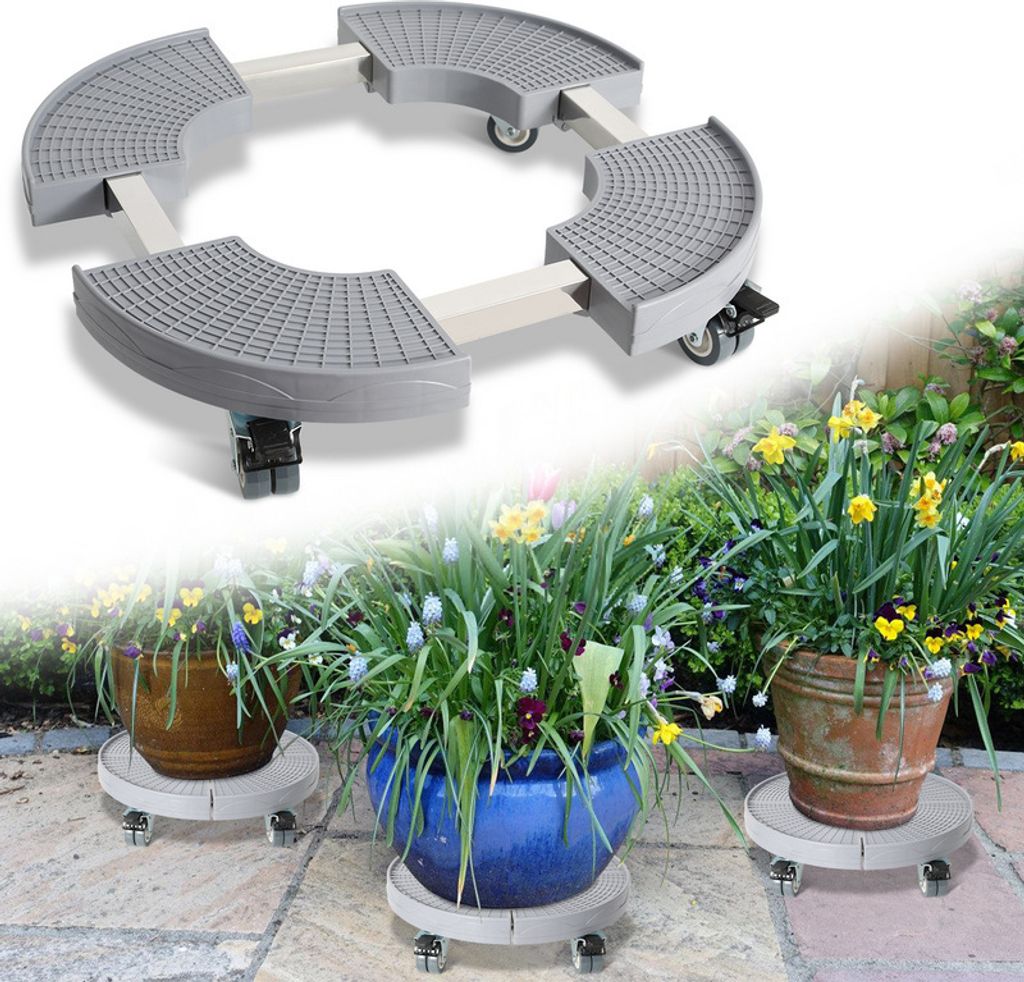 TolleTour Pflanzenroller Außenbereich Ø 38-54 cm Einstellbare Blumenroller Rollbrett outdoor-Innenbereich bis 200 Kg (Grau, Rund)