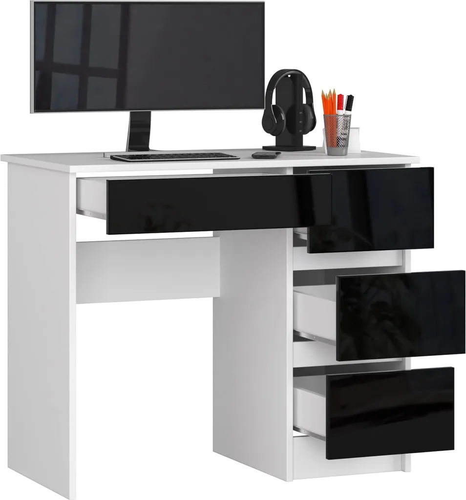 BDW Bureau de Bureau 4 Tiroirs - Table de Jeu Blanc et Noir Brillant