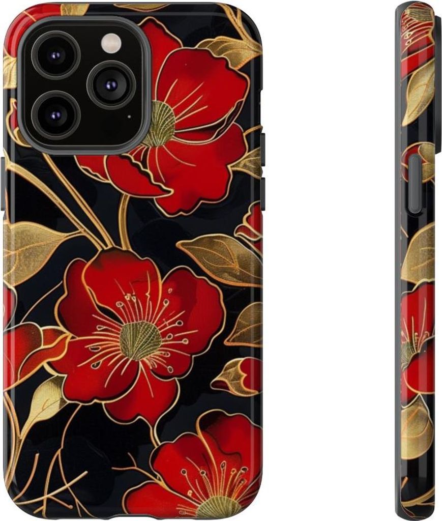 Rotes und goldenes Blumenmuster – Hülle Kompatibel mit iPhone 14 Pro Max