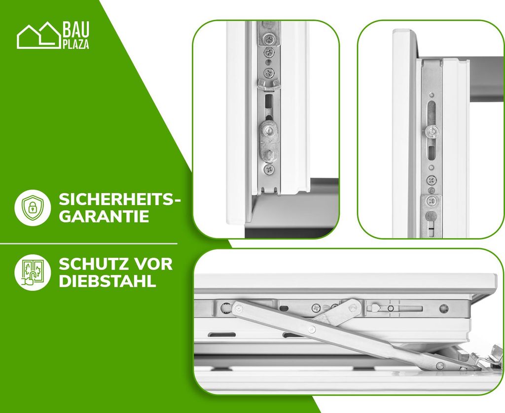 A collage of close-up images showing the locking mechanism and hinges of a white window, with green graphic elements and text on the left side.