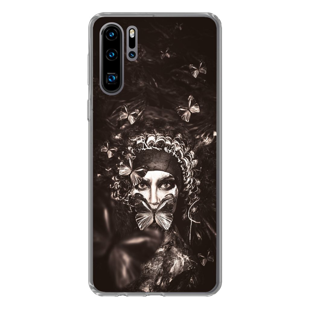 MuchoWow Handyhülle Schutzhülle Hülle für Huawei P30 Pro Frau - Schmetterling - Schwarz - Weiß Silikon Softcase Handy Hülle - Schutzdeckel