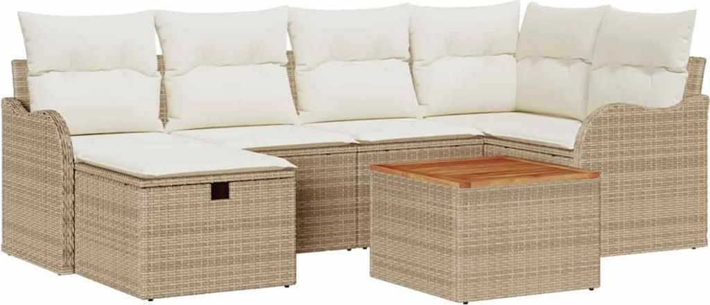 vidaXL Gartensofa-set mit Kissen mit Speicher 7 pcs Beige Poly Rattan