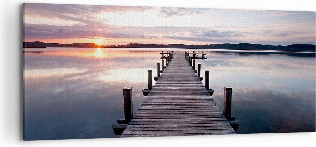 Bild auf Leinwand - Leinwandbild - Fußgängerbrücke See Sonnenuntergang Abend - 120x50cm - Wand Bild - Wanddeko - Leinwanddruck - Bilder - Kunstd...