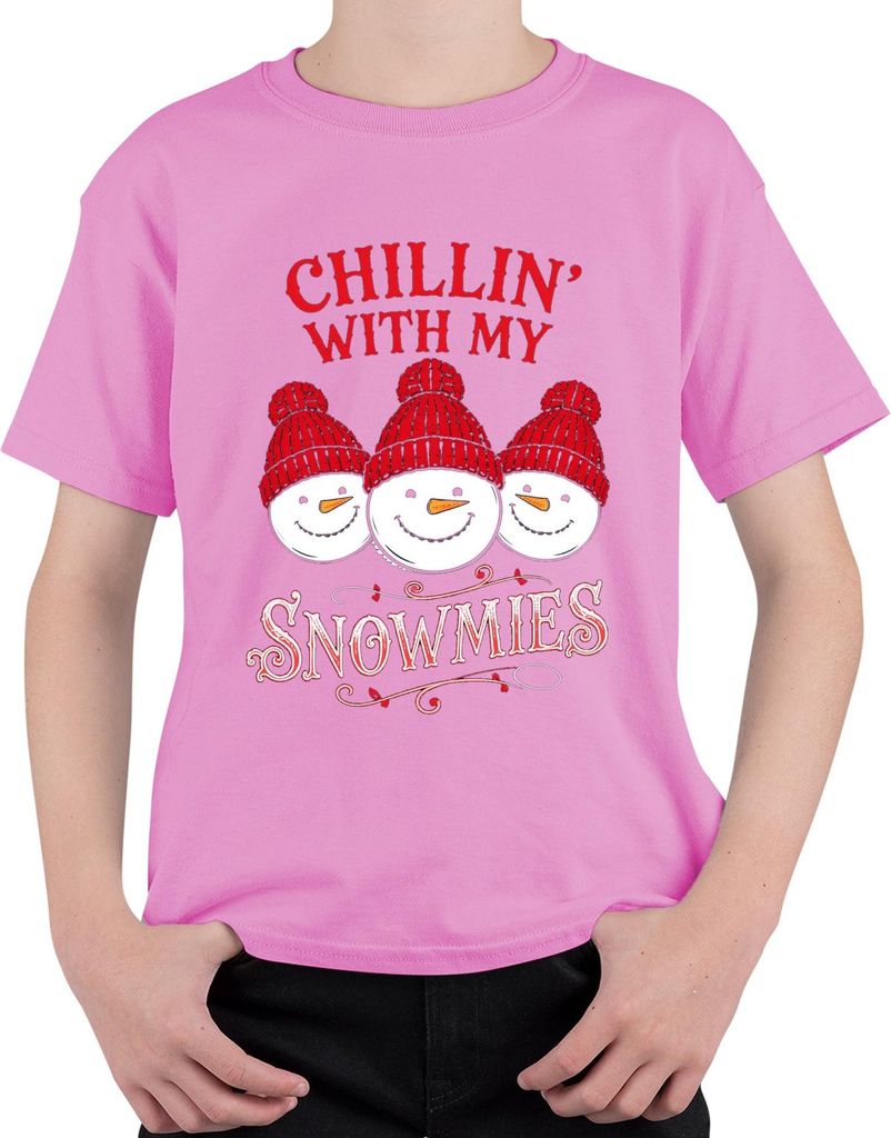 Chillin' With My Snowmies Weihnachten Schneemann Winter Lustig Uni Kinder T-Shirt, Pink, 140