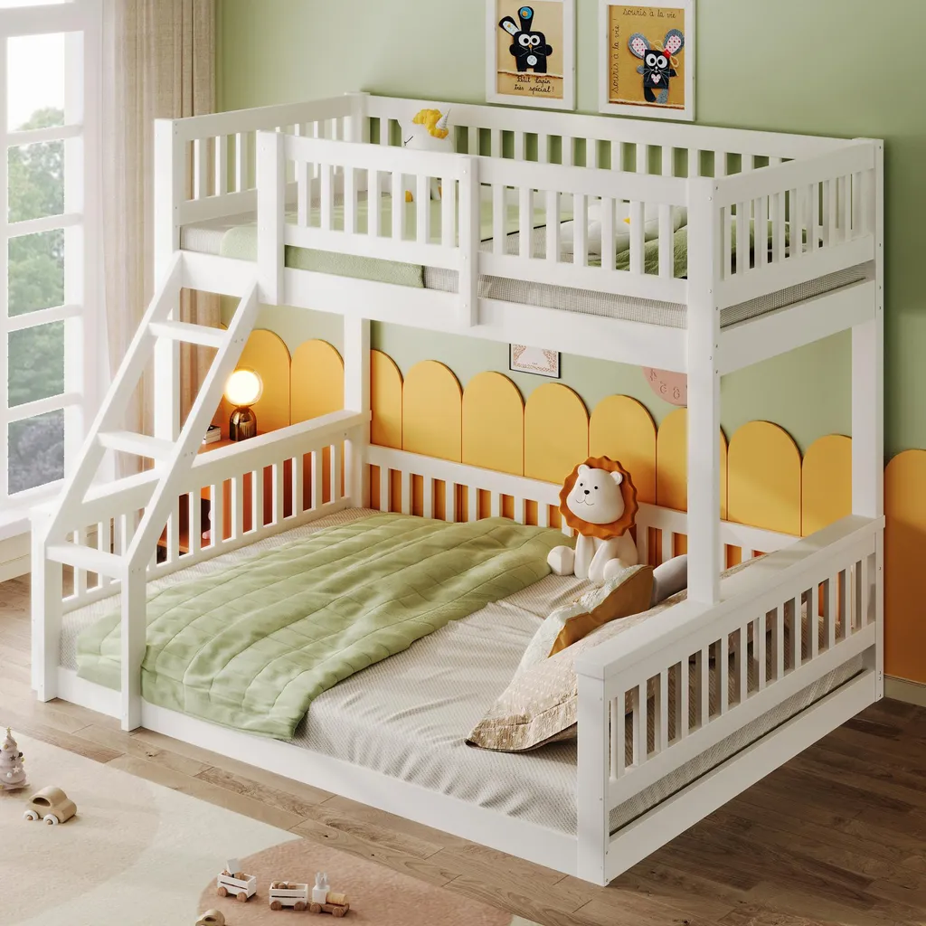 Lit superposé Triple 90/140x200 cm Cadre de Lit Blanc pour Ado et Enfant