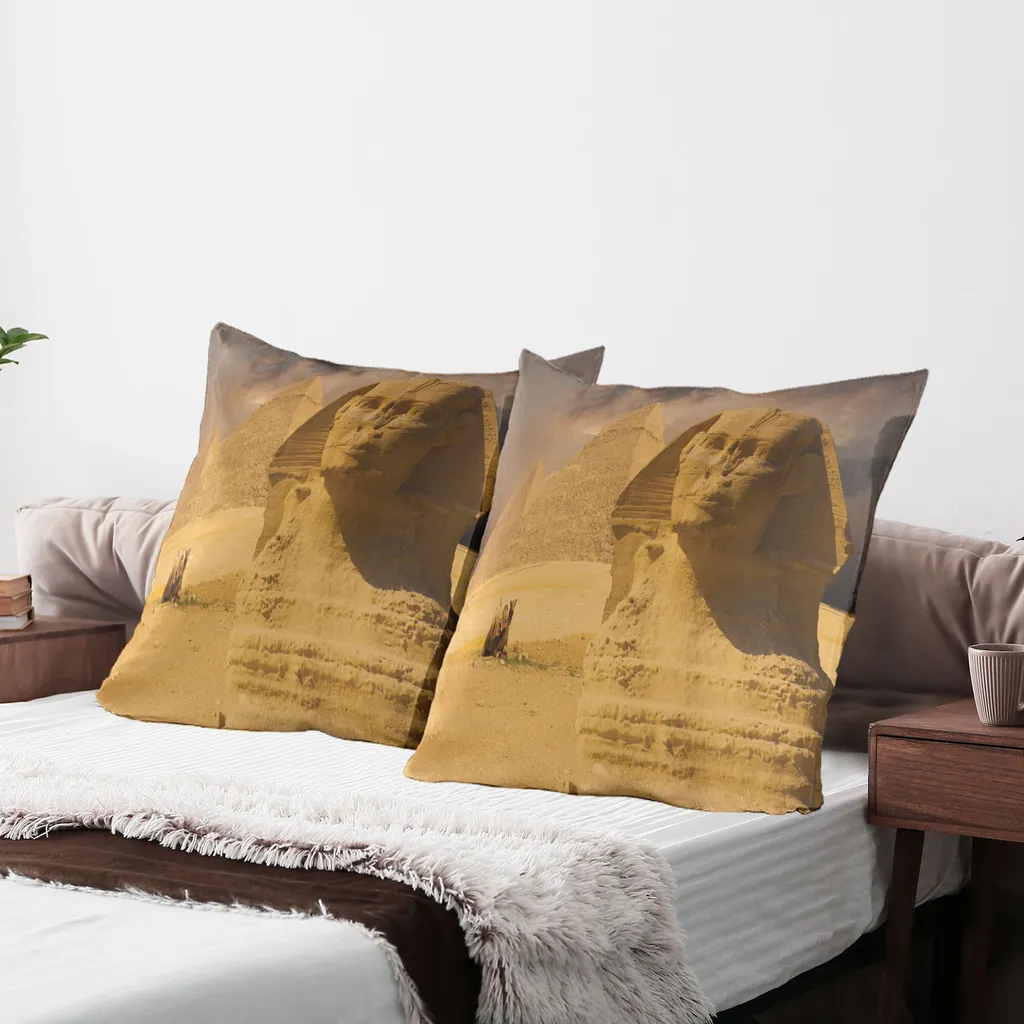 ABAKUHAUS Federa egiziana Confezione da 2, Grande volto della Sfinge Altre piramidi Nell'antico monumento egizio, Federa decorativa stampata, 80x80 cm, Marrone sabbia ambra - 2