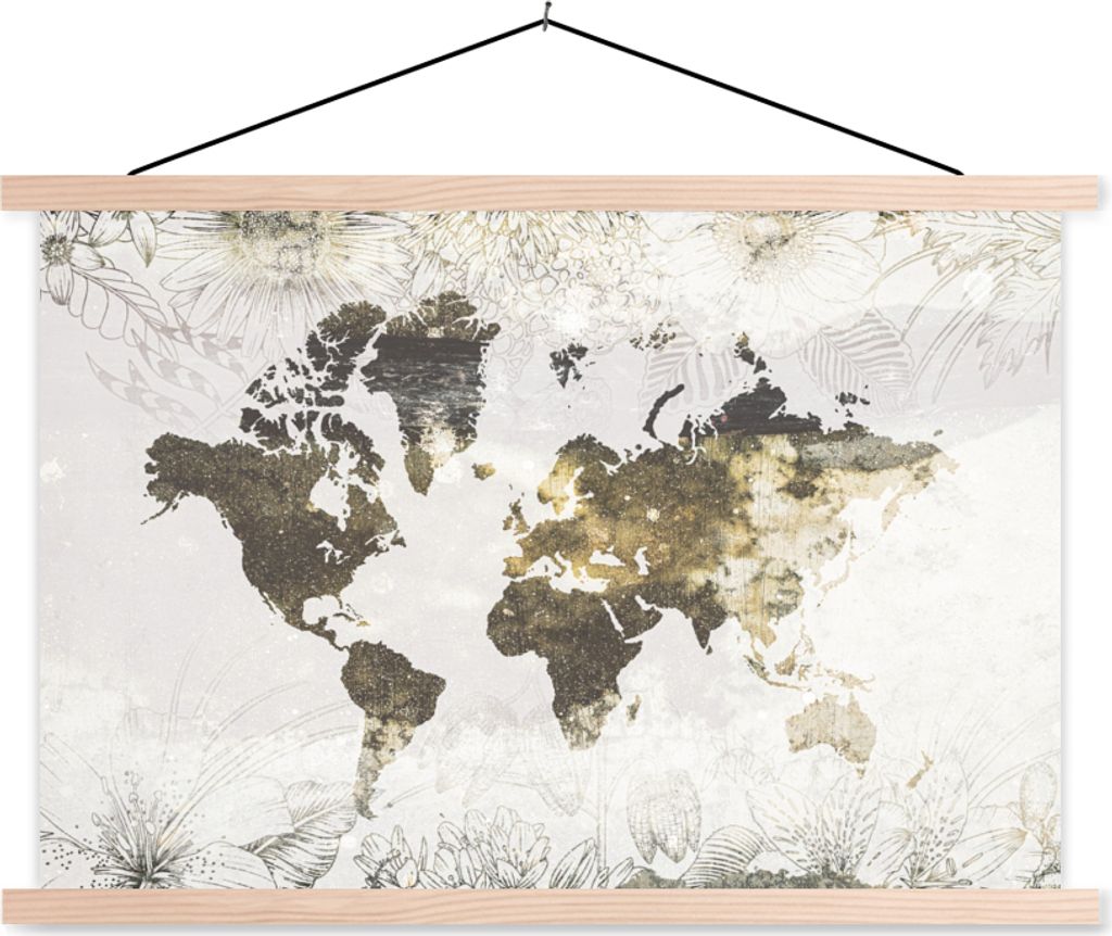 MuchoWow Textilposter Weltkarte - Blumen - Gold 120x80 cm mit holzfarbenen Rahmen - Aufhängeset