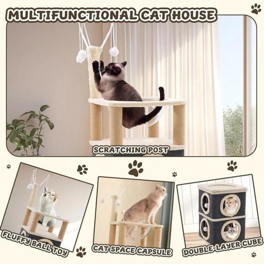 Niche chat double étage avec 4 poteaux en sisal et dôme transparent