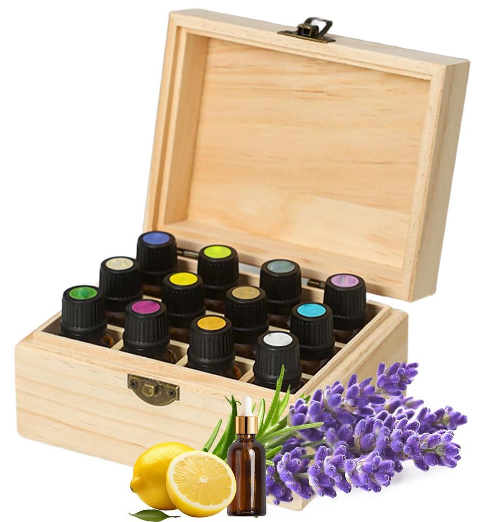 Aufbewahrungsbox aus Holz mit 12 Fächern für ätherische Öle, drehbarer Präsentationsständer für Aromatherapieflaschen mit Deckel.