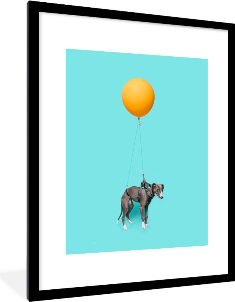 MuchoWow MuchoWow Gerahmtes Poster Windhund auf einem gelben Ballon 60x80 cm - Poster mit zchwarzem Bilderrahmen - Wohnzimmer - Dekorationen - ...