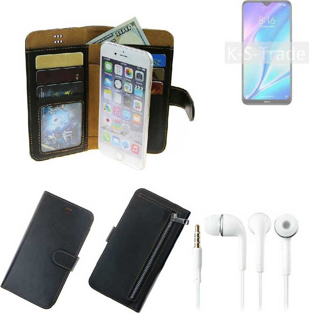 TOP SET Handy Hülle Schutz Hülle kompatibel mit Xiaomi Redmi 8A Dual schwarz aus Kunstleder + Kopfhörer Smartphone Tasche vollwertige Geldbörse