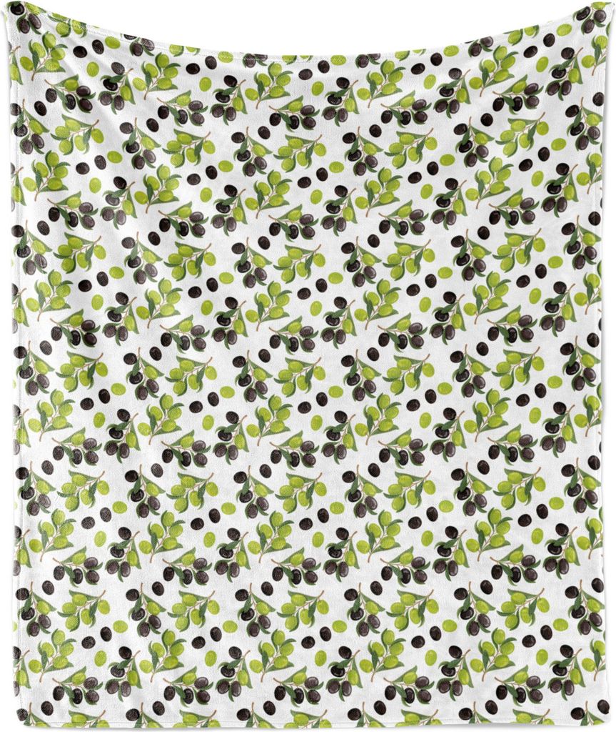 ABAKUHAUS Italien Weich Flanell Fleece Decke, Schwarze und grüne Oliven auf Zweige mit Laub Entwickelt auf Plain Kulisse, 175 x 230 cm, Weiß und ...