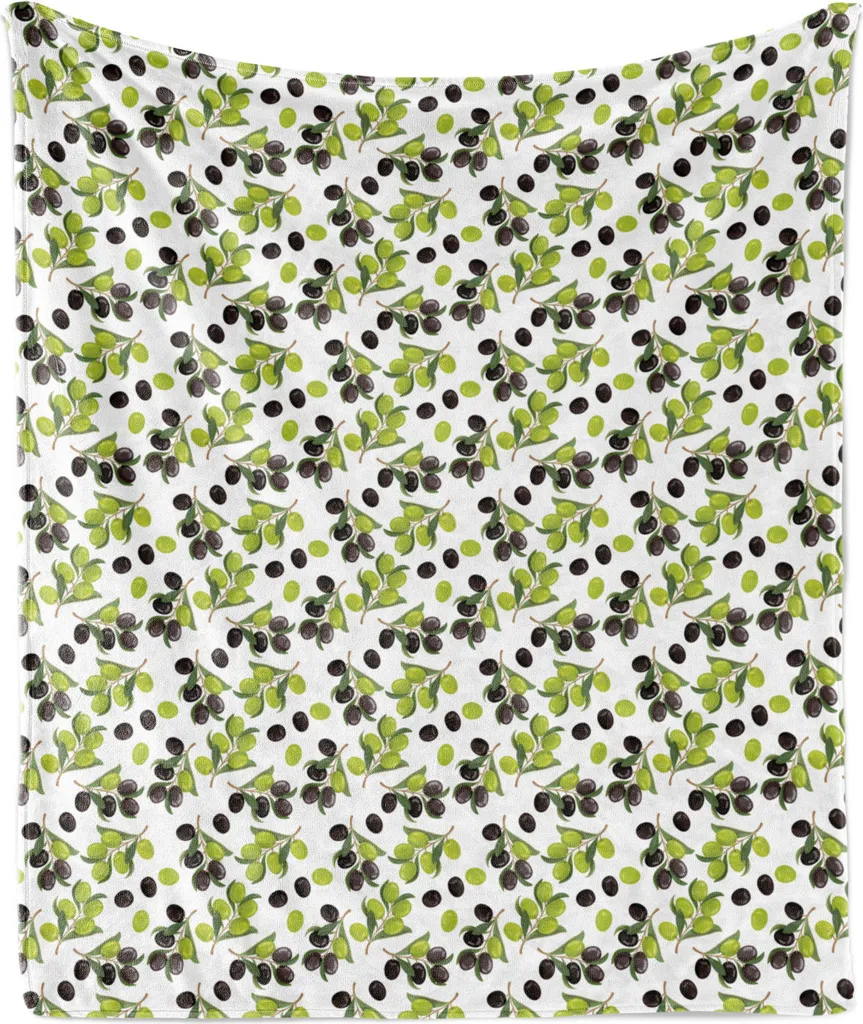 ABAKUHAUS Italia Morbida coperta in pile di flanella, olive nere e verdi su rami con fogliame su sfondo tinta unita, 175 x 230 cm, bianco e multicolore