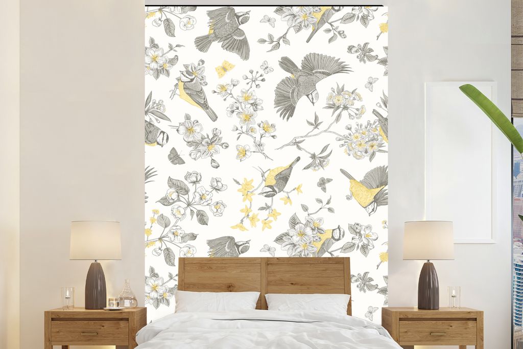 MuchoWow Fototapete für Wohnzimmer oder Schlafzimmer Wandtapete Vinyl Motivtapete Blumen - Vogel - Muster - 200x300 cm - Wanddekorationen