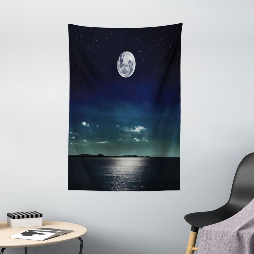 ABAKUHAUS Ozean Wandteppich, Spiegelt Sich In Der Sea Mond Rays Oberfläche Sternenhimmel Scene Aussicht Druck, Wohnzimmer Schlafzimmer Seidiger Sa...