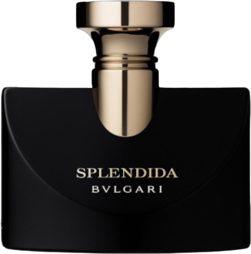 A product shot of a black perfume bottle with a gold cap and accents.