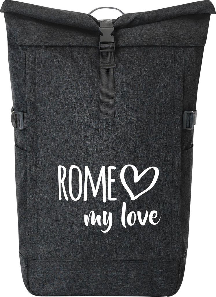 Huuraa Kurierrucksack Rome my love 30-44 Liter Black Melange Fairtrade Rolltop Rucksack Geschenkidee