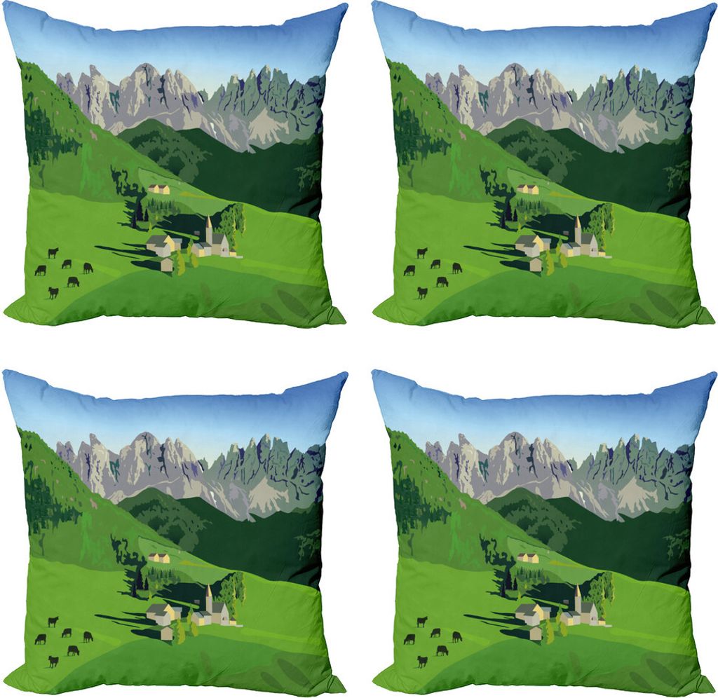 ABAKUHAUS Schweiz Kissenbezug Set (4 Stück), Alpine Berge Wiese, Moderner Doppelseitiger Digitaldruck, 50 cm x 50 cm, Mehrfarbig