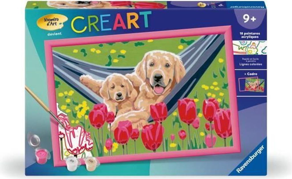 Malen nach Zahlen Set Kinder Labrador und Tulpen, 31x21cm, Ab 7 Jahren, Ravensburger CreArt Kids