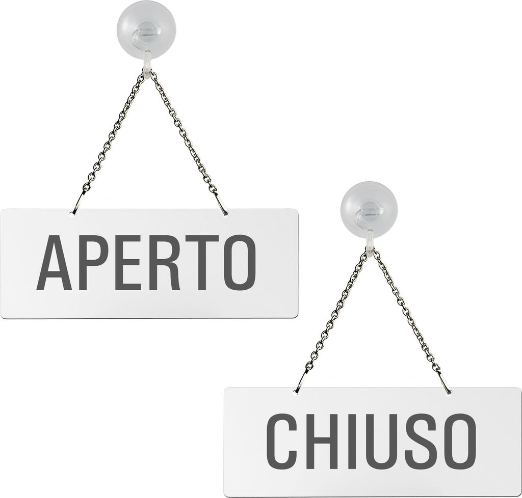 Hängeschild | Wendeschild Aperto Chiuso | Melamin weiß | Saugnapfhaken | Format 175x65 mm