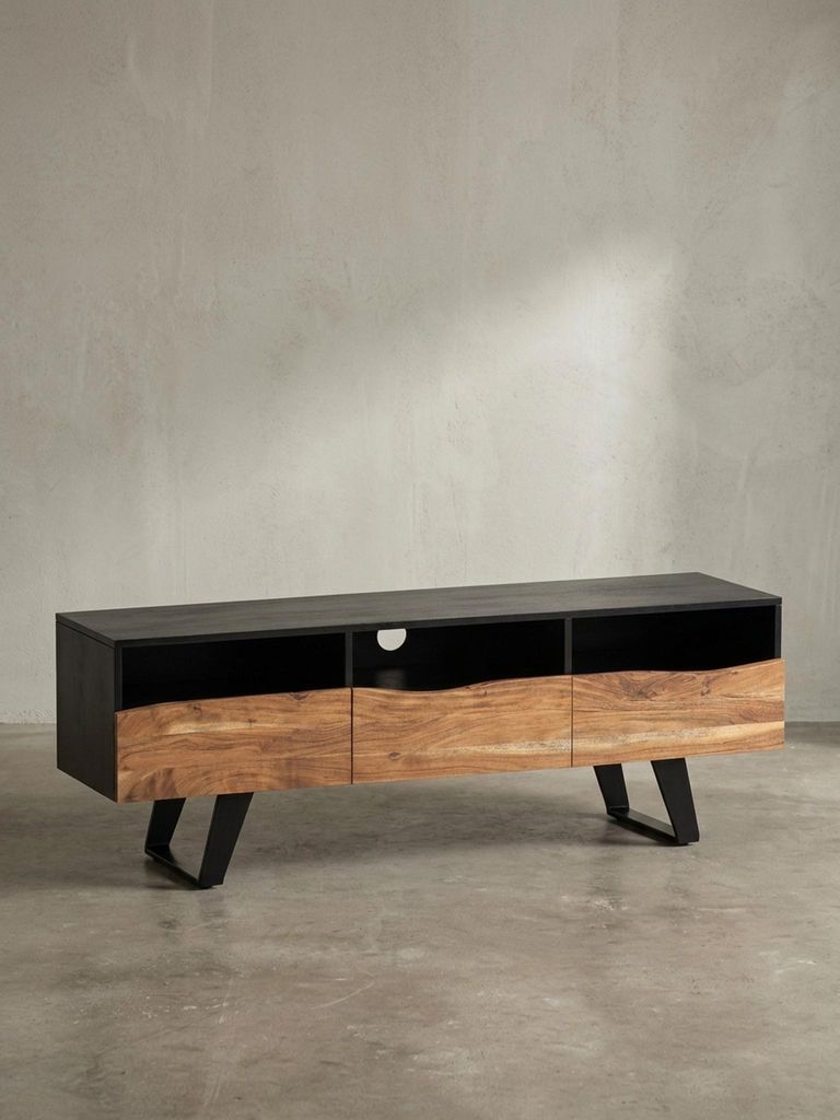 Lowboard Akazie Massivholz 140x50x40 cm Baumkante TV-Kommode Schwarz, Design TV-Schrank Hoch mit Schublade, Fernsehtisch Fernsehschrank Modern mit ...