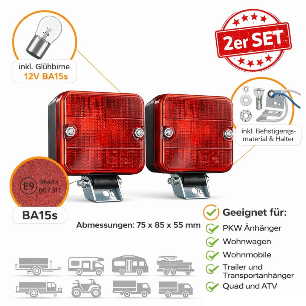 2x Nebelschlussleuchte Anhänger Links Rechts E9 75x85 Rückleuchten Set Halterung